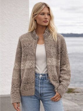Vintage Coldwater Creek Fair Isle Zip Cardigan Wool Blend Neutral Luxe NWT M
